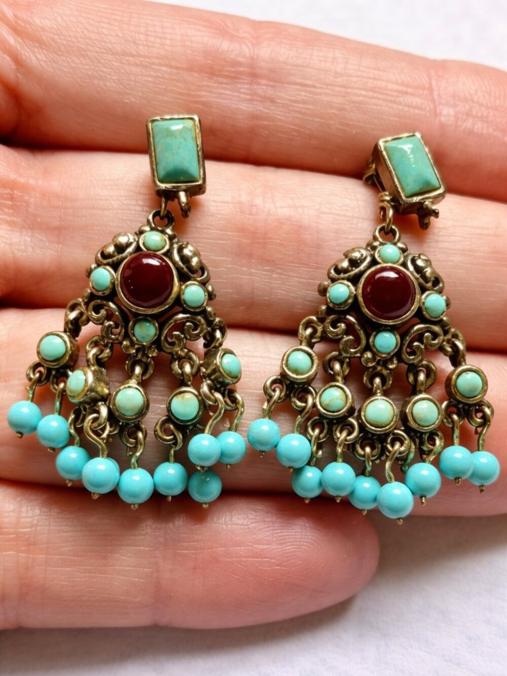 Silver, Turquoise and Coral Chandelier Earrings